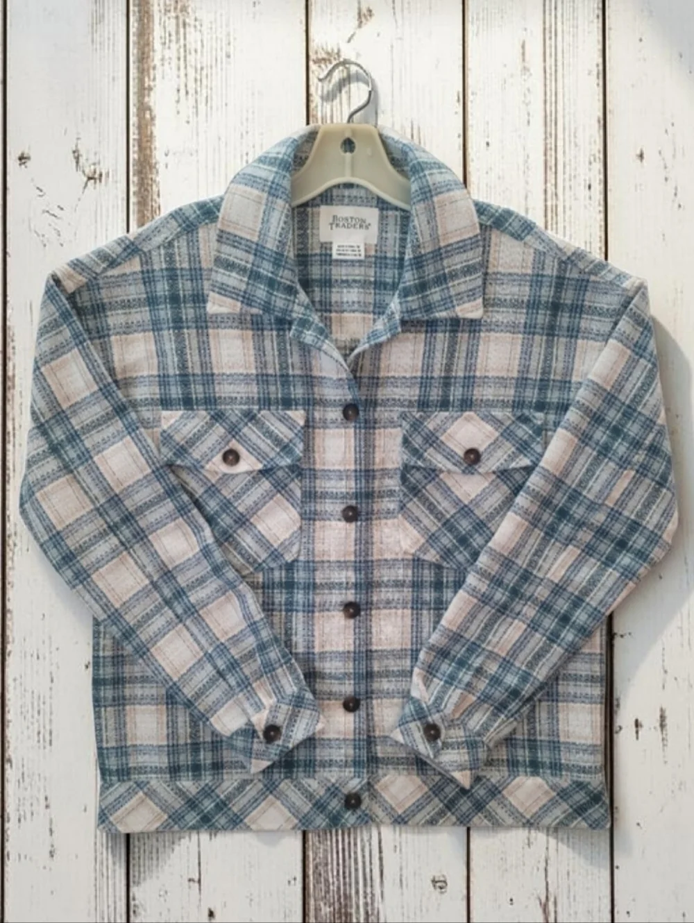 Boston Traders SZ-M Plaid Flannel Shirt+Jacket=Shacket Teal Cream MINT CONDITION